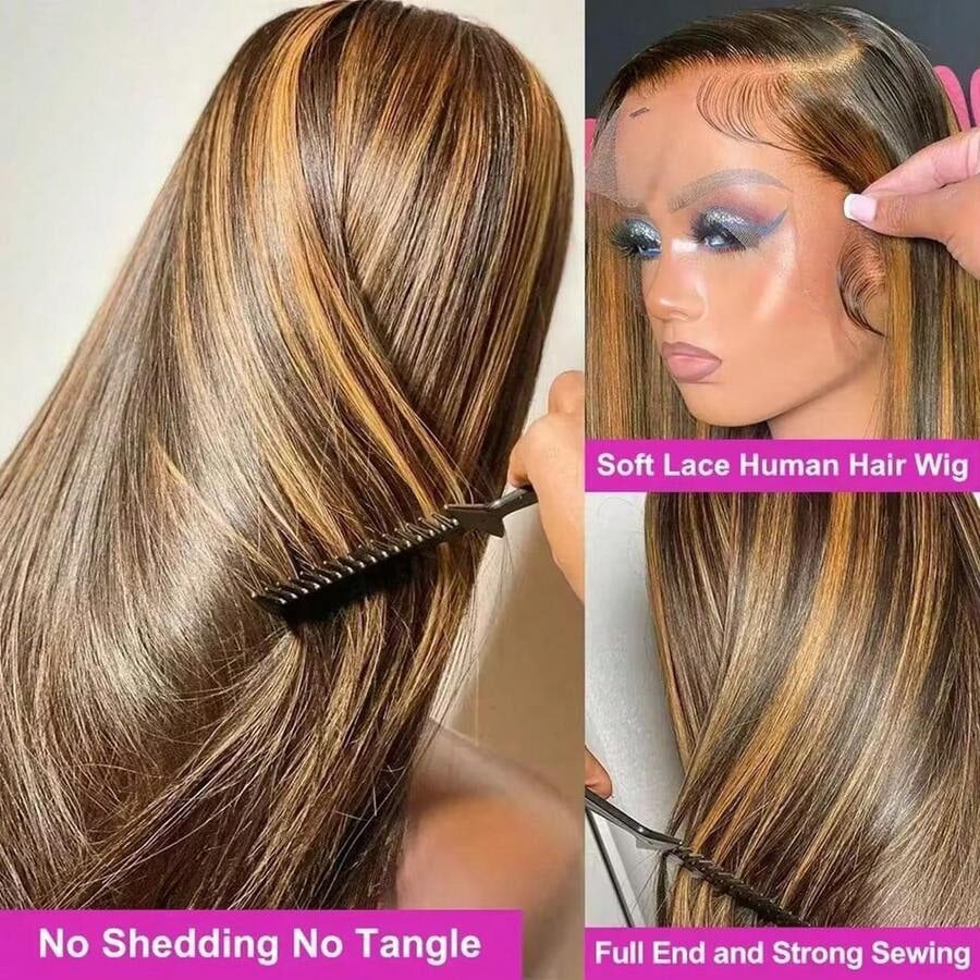 Brown Honey Blonde Highlight 13x4 HD Lace Straight Wig | Human Hair Wig