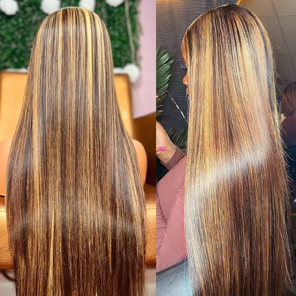 Brown Honey Blonde Highlight 13x4 HD Lace Straight Wig | Human Hair Wig