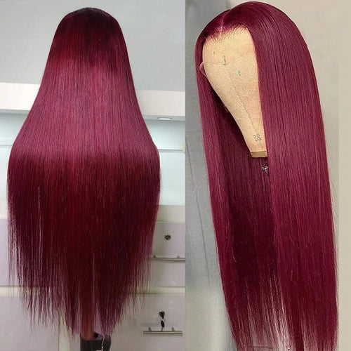 13x4 200% Density Straight Human Hair Lace Frontal Wigs With Natural Hairline #99J BUG Wine Red Burgundy