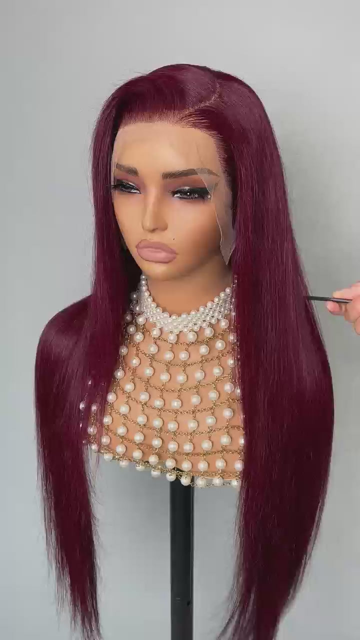 13x4 200% Density Straight Human Hair Lace Frontal Wigs With Natural Hairline #99J BUG Wine Red Burgundy